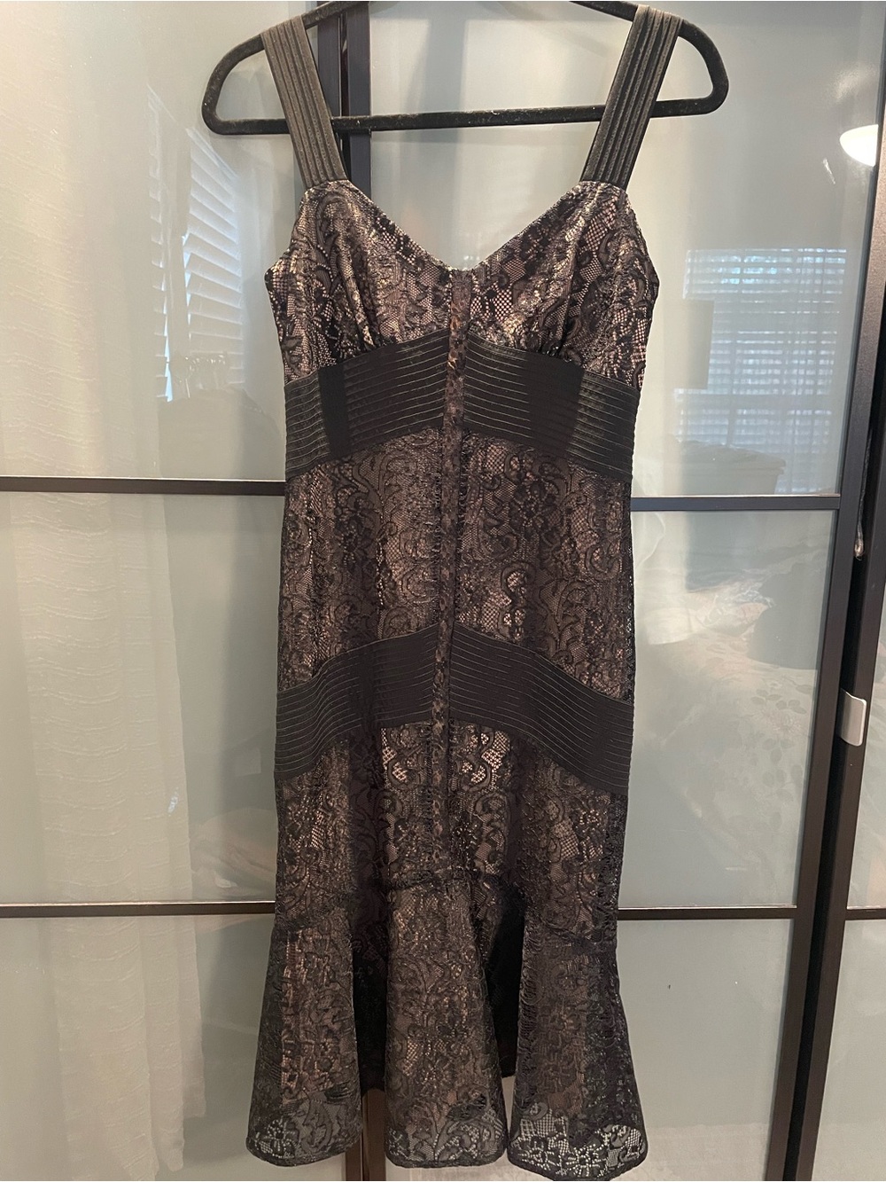LOFT Black Lace Midi Dress with Textured Bands